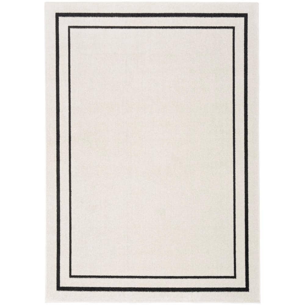 Rectangular Black and Ivory Synthetic 4' x 6' Washable Rug