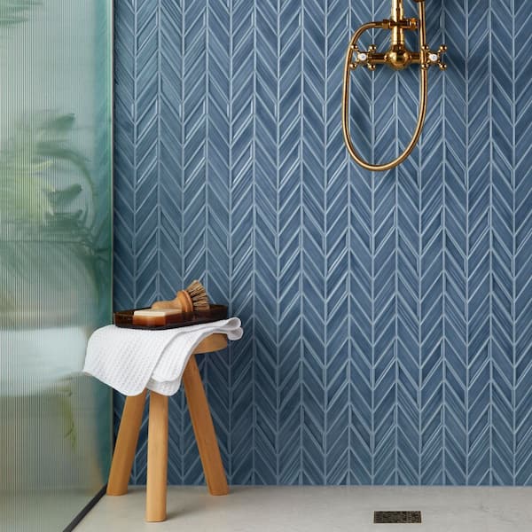 Medley Chevron Coastal Blue 11.22 in. x 11.81 in. Glossy Ceramic Mosaic Wall Tile (0.92 sq. ft./Each)