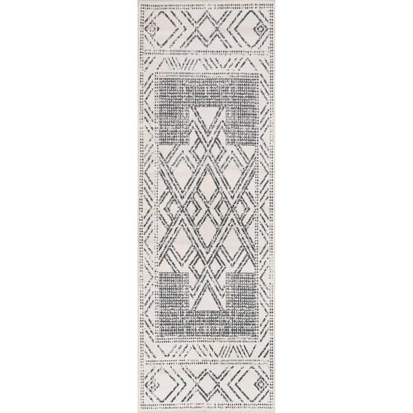 nuLOOM Mia Machine Washable Geometric Medallion Light Gray 3 ft. x 12 ft. Runner Rug