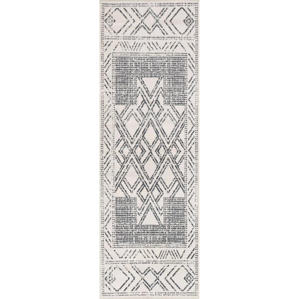 Mia Machine Washable Geometric Medallion Light Gray 3 ft. x 6 ft. Runner Rug