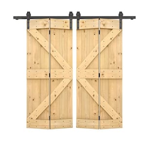 72 in. x 84 in. K Pre Assembled Unfinished Wood Double Solid Core Bi-Fold Barn Doors with Sliding Hardware Kit