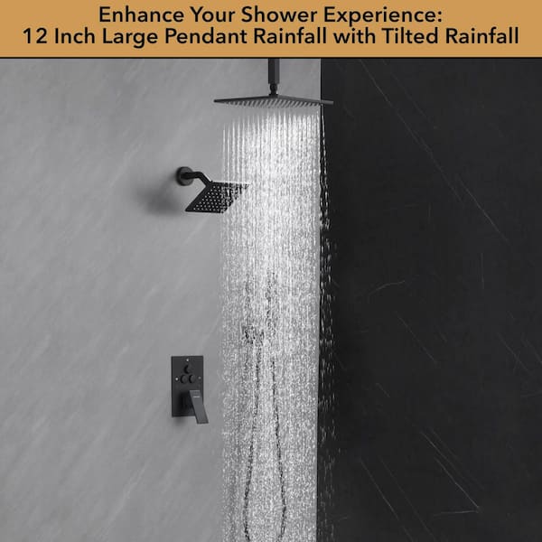 Luxury Single Handle 2-Spray Shower Faucet 1.8 GPM with 12 in. Rainfall Head and Pressure Balance Valve in Matte Black
