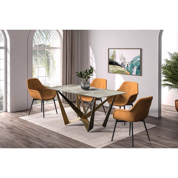 Leisuremod Nuvor Modern Deep Grey 62 in. Rectangular Sintered Stone Top and 4 Legs Gold Steel Dining Table Seats 8