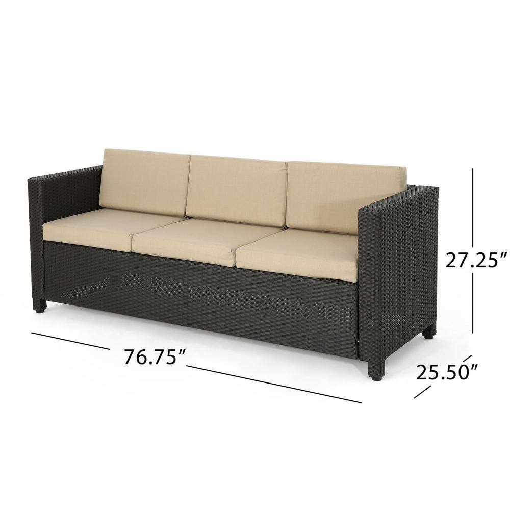 Transitional 3-Seater Dark Brown Wicker Outdoor Sofa with Beige Cushions