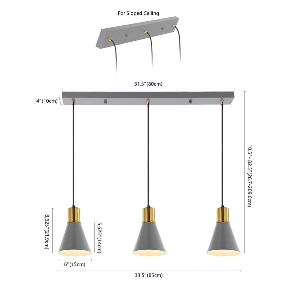 Apollo Adjustable Trio Pendant in Gray/Brass Gold with LED Lights