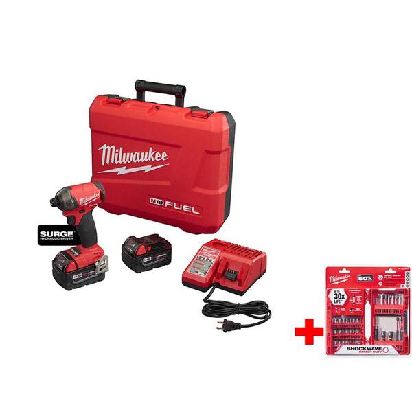 Milwaukee 18-Volt Lithium-Ion Brushless Cordless 1/4 in. Hex Hydraulic Impact Driver Kit with Shockwave Bit Set (35-Piece)