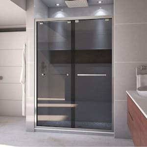 Encore 54 in. W x 76 in. H Sliding Semi-Frameless Shower Door in Brushed Nickel with Gray Glass