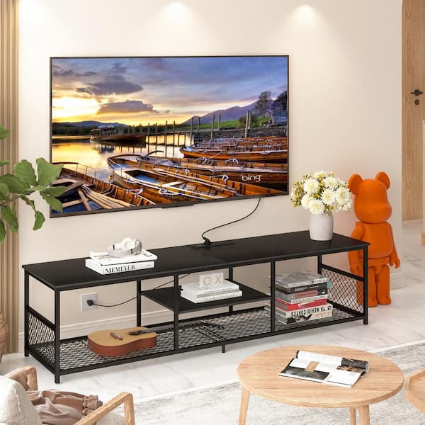 VECELO TV Stand with Power Outlets for Televisions up to 70", 62" Media Entertainment Center with 3-Tier Open Shelves Black