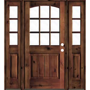 60 in. x 80 in. Knotty Alder Left-Hand/Inswing 9-Lite Clear Glass Red Mahogany Stain Wood Prehung Front Door/Sidelites