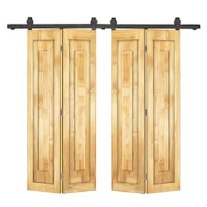 48 in. x 80 in. 1 Panel Shaker Hollow Core Weather Oak Pine Wood Double Bi-fold Door with Barn Door Hardware Kit