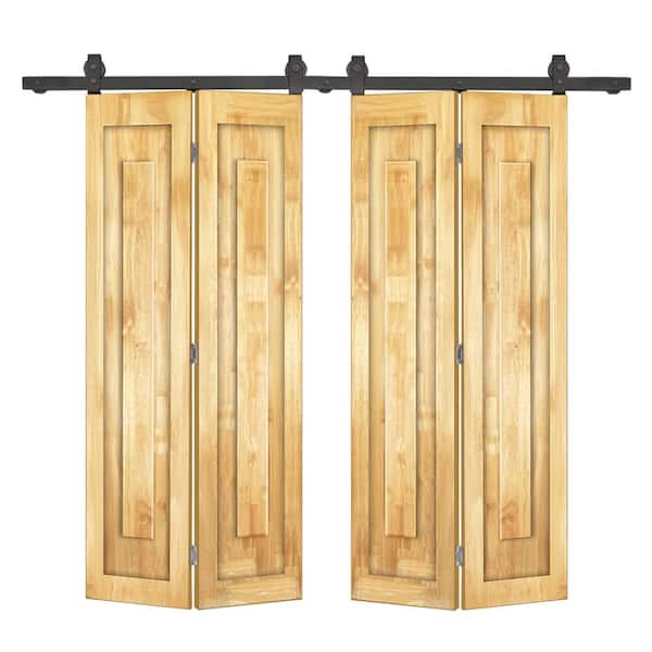 72 in. x 84 in. 1 Panel Shaker Hollow Core Weather Oak Pine Wood Double Bi-Fold Door with Barn Door Hardware Kit