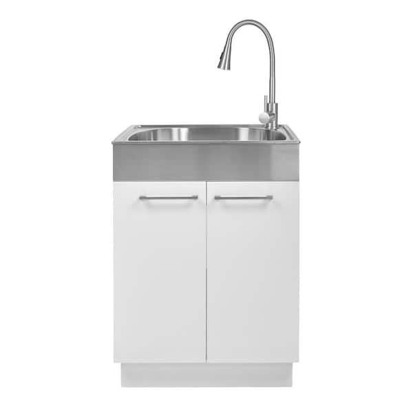 24 in. W x 21 in. D x 34 in. L Freestanding Stainless Steel Apron-Front Laundry Sink with Faucet and Cabinet in White