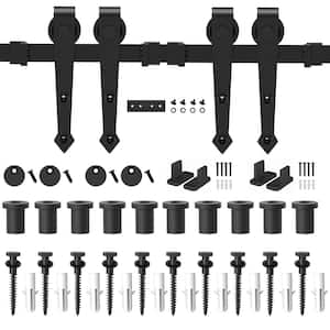 13 ft. /156 in. Black Heavy-Duty Steel Rolling Barn Door Hardware Kit for Double Wood Doors with Non-Routed Floor Guide