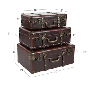 Brown Leather Nesting Upholstered Trunk with Vintage Accents and Studs (Set of 3)