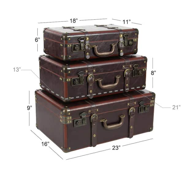 Brown Leather Nesting Upholstered Trunk with Vintage Accents and Studs (Set of 3)