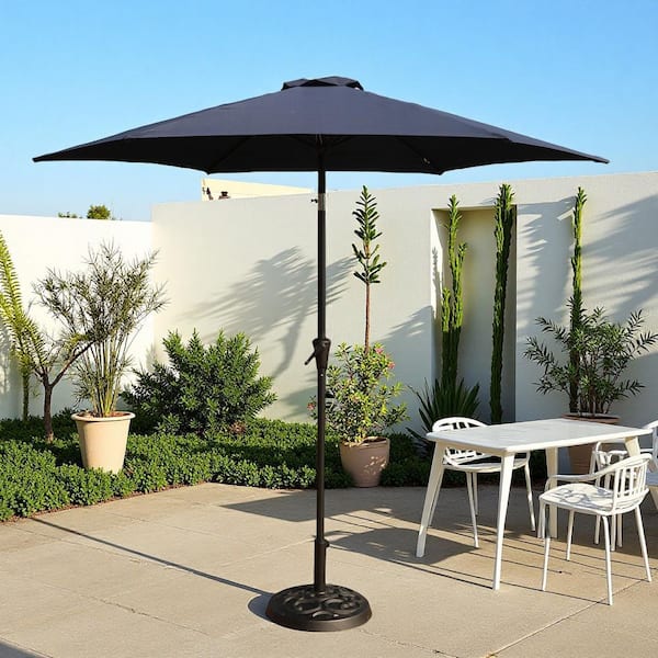 8.8 ft. Aluminum Outdoor Patio Umbrella with 33 lbs. Round Resin Umbrella Base, with Hand Crank Lift in Navy Blue