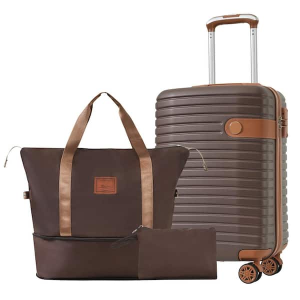 3-Piece Lightweight Hard Shell Brown ABS Suitcase Toiletry Luggage Sets (20 in.)