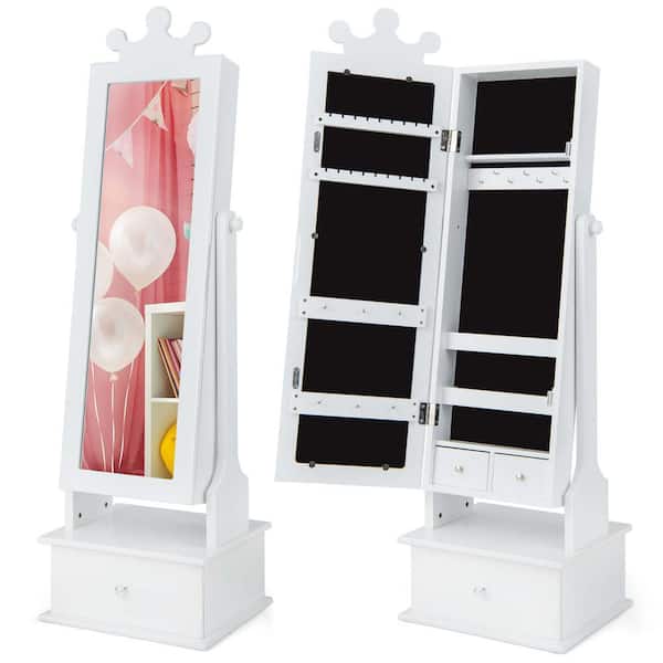 Costway Kid Freestanding White Wood 13.5 in. Jewelry Armoire 2 in. 1-Full Length Mirror Storage Drawer