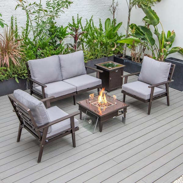 Leisuremod Walbrooke Brown 5-Piece Aluminum Square Patio Fire Pit Set with Grey Cushions, Slats Design and Tank Holder
