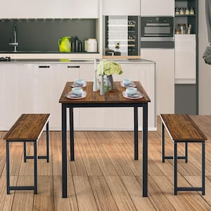 Modern 3-Pieces Dining Table Bench Set with Metal Frame and Wooden Tabletop Brown