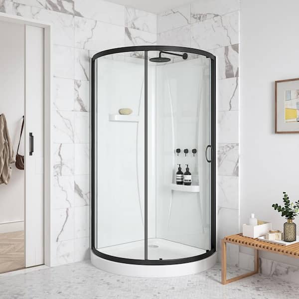 Breeze 32 in. L x 32 in. W x 77.36 in. H Corner Shower Kit with Clear Framed Sliding Door in Black