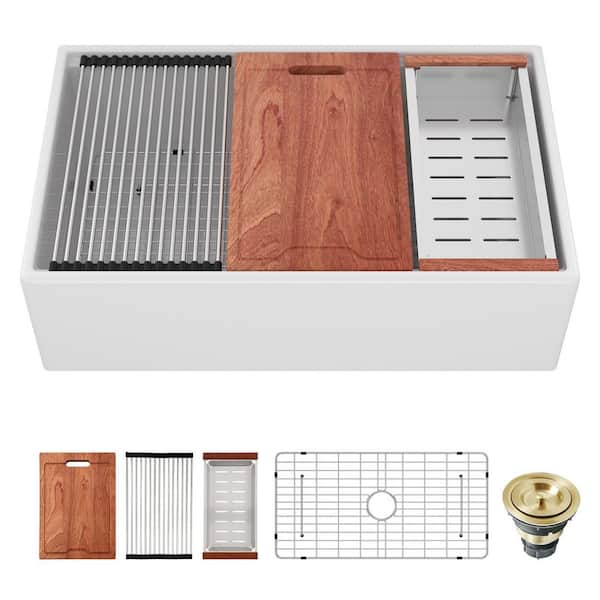 33 in. Undermount Single Bowl White Porcelain Ceramic Workstation Kitchen Sink with Strainer and Bottom Grid