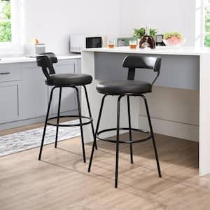 38 in. Grey Low Back Metal Frame Swivel Bar Stool with Round Leather Seat (Set of 2)