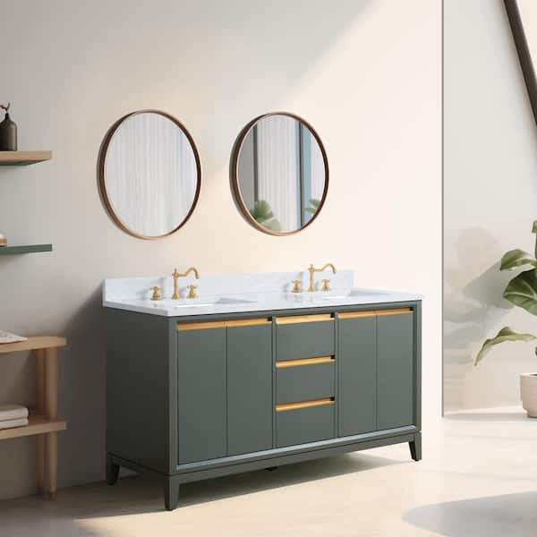 60 in. W x 22 in. D x 34 in. H Double Sink Bathroom Vanity in Vintage Green with Engineered Marble Top