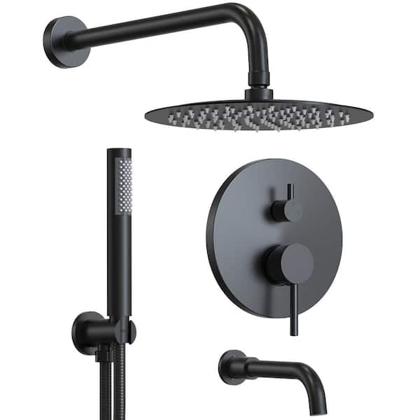 GRANDJOY 3-Spray Round High Pressure Wall Bar Shower Kit Tub and Shower Faucet with Hand Shower in Matte Black (Valve Included)