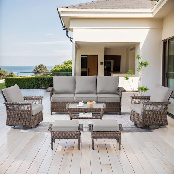 Seagull 6-Piece Brown Wicker Patio Conversation Set with Gray Cushions and Swivel Glider Chairs/Ottomans/Couch