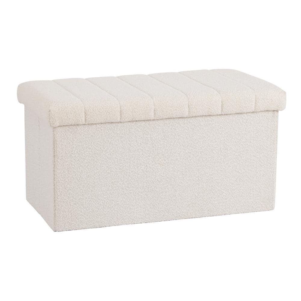 30" White Boucle Upholstered Storage Ottoman Bench
