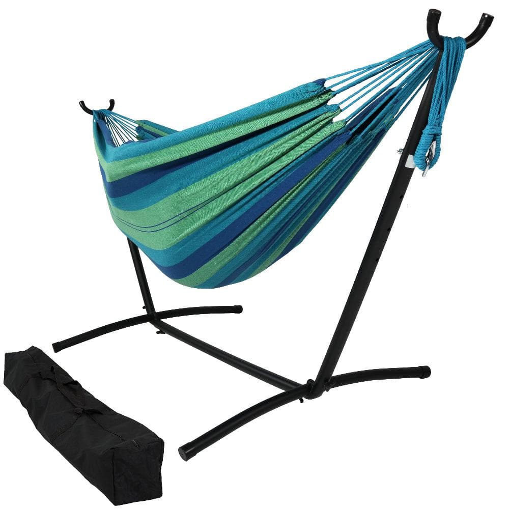 Sunnydaze 10.5 ft. Fabric Cotton Double Brazilian Hammock with Stand Combo in Beach Oasis DB Combo Oasis The Home Depot