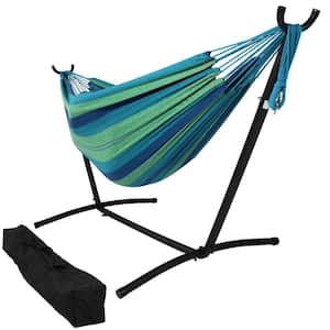 10.5 ft. Fabric Cotton Double Brazilian Hammock with Stand Combo in Beach Oasis