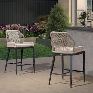 Modern Aluminum Twill Wicker Woven Counter Height Outdoor Bar Stool with Back and Dark Gray Cushion (2-Pack)