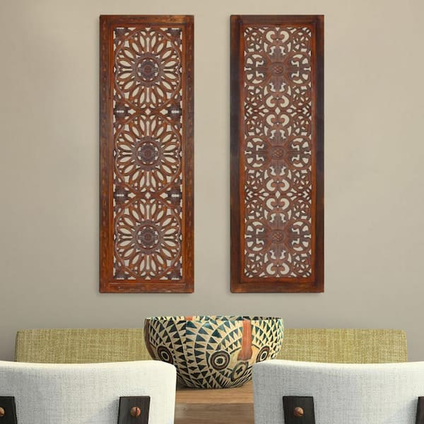 Benjara Burnt Brown 2-Piece Mango Panel Set with Mandallion Carving Wood Wall