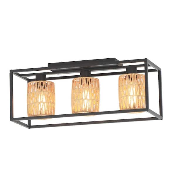 24 in. 3-Light Black Farmhouse Cage Semi-Flush Mount with Woven Paper Rope Shade and No Bulbs Included