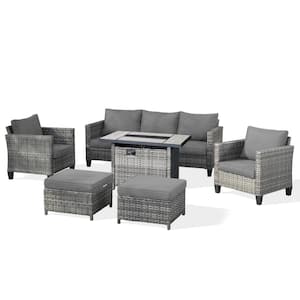 New Vultros Gray 6-Piece Wicker Patio Fire Pit Conversation Seating Set with Dark Gray Cushions