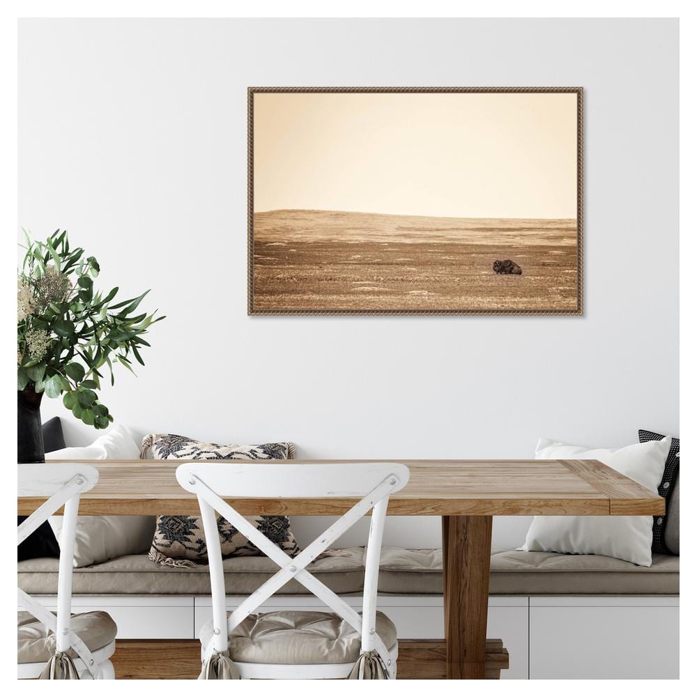 33" x 23" Sepia Bison Landscape Framed Canvas Wall Art