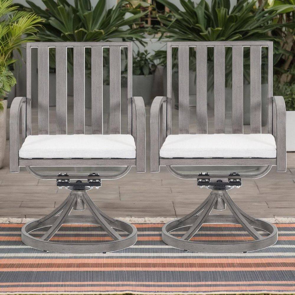 Swivel Chairs (Set of 2) Aluminum Outdoor Dining Chairs with White Cushion 