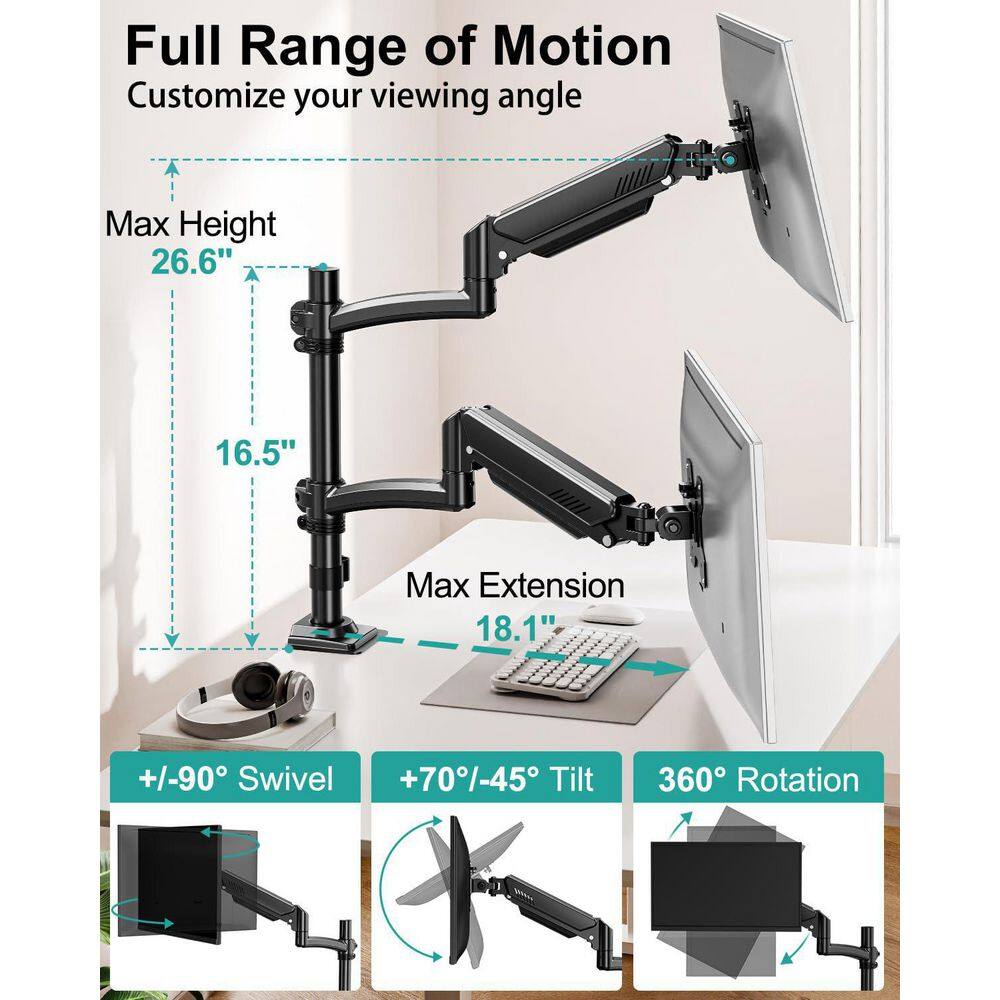 Ergonomic Dual Monitor Stand Adjustable Gas Spring Desk Mount for 2 Screens Up to 32in 4.4-22lbs Black - Thumbnail 4