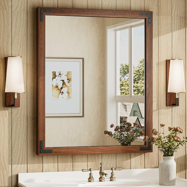 30 in. W x 36 in. H Rectangular Rustic Wood Framed Mirror Farmhouse Bathroom Vanity Mirror Over Sink in Brown