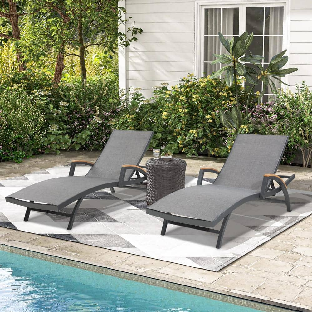 ULAX FURNITURE 2-Piece Aluminum Outdoor Chaise Lounge with Teak ...