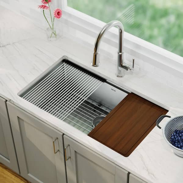 Karran 32 in. Undermount Single Bowl 16-Gauge Stainless Steel Workstation Kitchen Sink