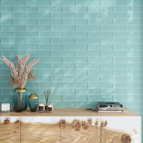 Aqua 3 in. x 12 in. Matte Finished Glass Mosaic Floor and Wall Tile (5 sq. ft./Case)