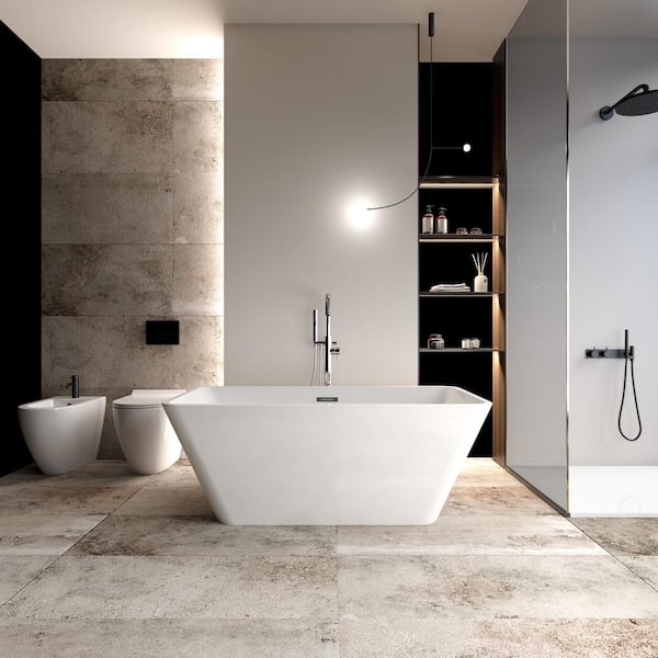 Xspracer Moray 59 in. x 30 in. Acrylic Flatbottom Freestanding Soaking Non-Whirlpool Bathtub with Center Drain in White