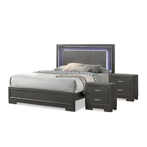 Jonvang 3-Piece LED Headboard Metallic Gray Wood Full Bedroom Set with Care Kit and 2-Nightstands