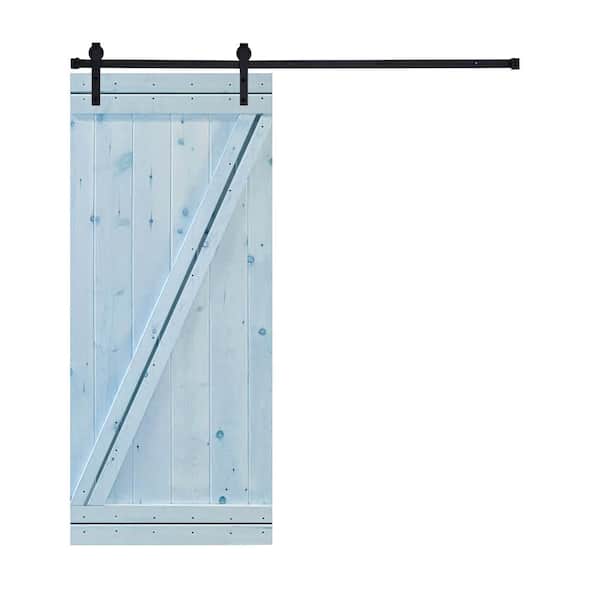 AIOPOP HOME Modern Z Style Series 36 in. x 84 in. Slick Blue stained Knotty Pine Wood DIY Sliding Barn Door with Hardware Kit