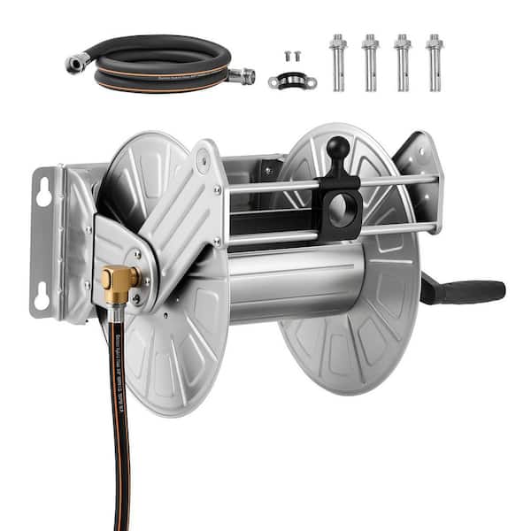 Wall Mounted Garden Hose Reel, Handle Length 7.6 in. Holds 150 ft. 5/8 in. Water Hose Winder Stainless Steel, Garden Hoe