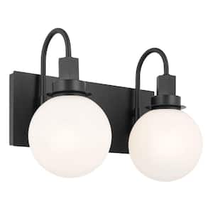 Hex 14.25 in. 2-Light Black Modern Bathroom Vanity Light with Opal Glass Shades