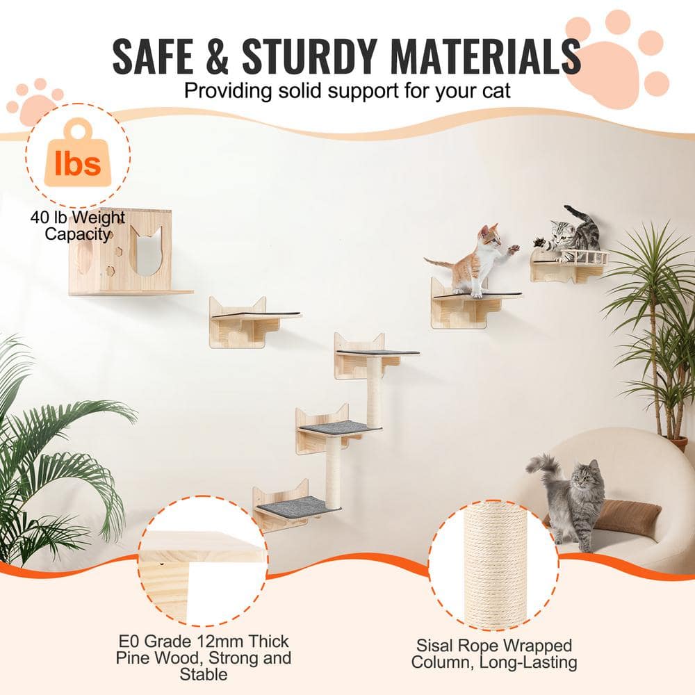 Natural Pine Wood Wall Mounted Cat Playground Set